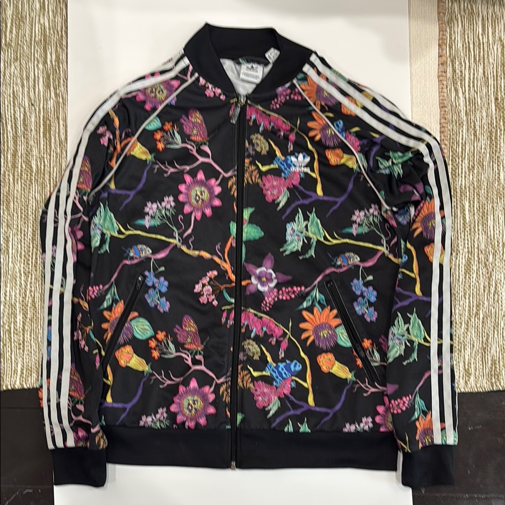 💕Gently💕RARE Adidas Floral Garden Track Jacket Zip Up,SizeM,Black Multicolor